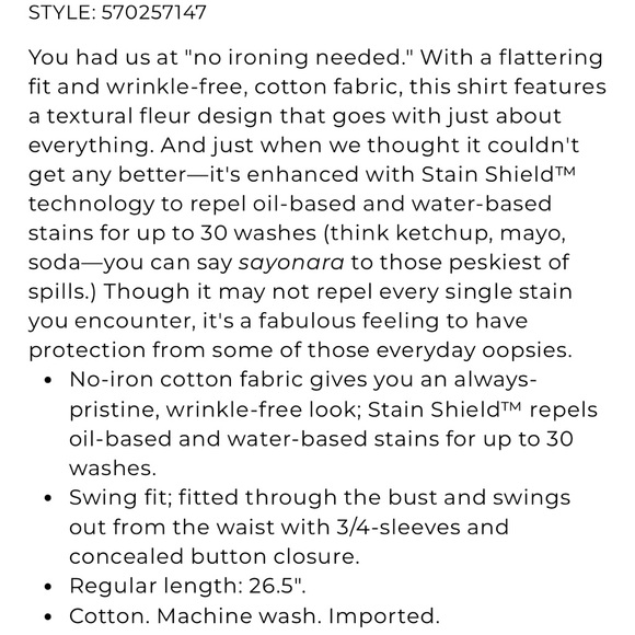 Chicos No-Iron 3/4 Sleeve Floral Button Down Top Blouse Size 4-6 Small Mature - Picture 9 of 9